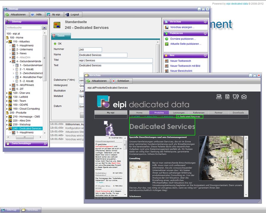 Applikationsoberfläche Content Management System Homepage der eipi dedicated data Applikationsoberfläche Content Management System Homepage der eipi dedicated data
